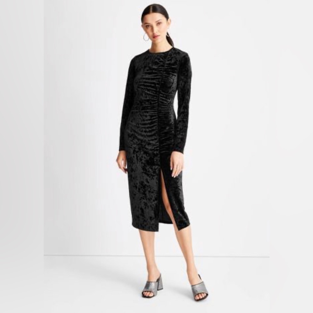Velvet Ruched Long Sleeve Open Back A-Line Dress - Future Collective K.B…